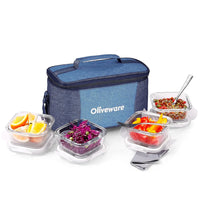 SOPL-OLIVEWARE Slick Glass Lunch Box, Borosilicate Glass Container with BPA Free Lids, Napkin & Steel Cutlery, Microwave Safe, Set of 4 (320ml) Each - Blue