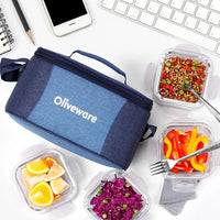 SOPL-OLIVEWARE Slick Glass Lunch Box, Borosilicate Glass Container with BPA Free Lids, Napkin & Steel Cutlery, Microwave Safe, Set of 4 (320ml) Each - Blue