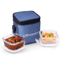 SOPL-OLIVEWARE Roman Glass Lunch Box, Insulated Fabric Bag, Leak Proof & Microwave Safe, Borosilicate Glass Containers with Set of 2 (320ml each)- Blue