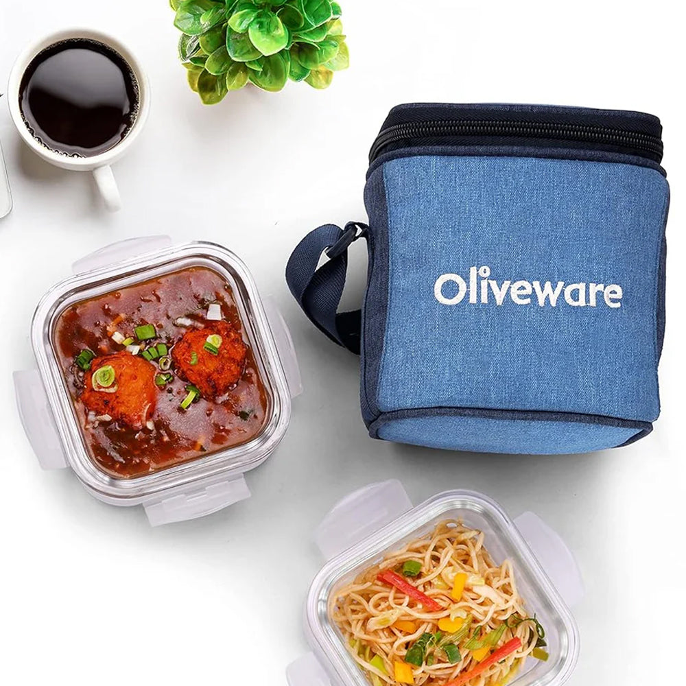 SOPL-OLIVEWARE Roman Glass Lunch Box, Insulated Fabric Bag, Leak Proof & Microwave Safe, Borosilicate Glass Containers with Set of 2 (320ml each)- Blue