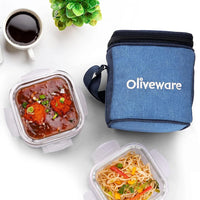SOPL-OLIVEWARE Roman Glass Lunch Box, Insulated Fabric Bag, Leak Proof & Microwave Safe, Borosilicate Glass Containers with Set of 2 (320ml each)- Blue