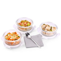 SOPL-OLIVEWARE Italian Glass Lunch Box with Steel Spoon & Napkin, Microwave Safe, Borosilicate Glass Containers, Set of 3 (400ml Each), Fabric Bag - Blue