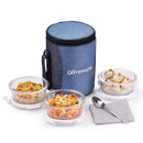 SOPL-OLIVEWARE Italian Glass Lunch Box with Steel Spoon & Napkin, Microwave Safe, Borosilicate Glass Containers, Set of 3 (400ml Each), Fabric Bag - Blue