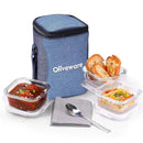 SOPL-OLIVEWARE Eathen Glass Lunch Box with Steel Spoon & Napkin, Microwave Safe, Borosilicate Glass Containers, Set of 3 (320ml Each), Fabric Bag - Blue
