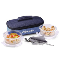 SOPL-OLIVEWARE Delta Glassware Round Lunchbox with Napkin & Steel Cutlery, Borosilicate Glass Container, Microwave Proof, Set of 2 (400ml Each) - Blue