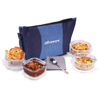 SOPL-OLIVEWARE Olive Glass Lunch Box, Insulated Fabric Bag, Leak Proof & Microwave Safe, Borosilicate Glass, Set of 4 (2 * 320ml & 2 * 400ml) - Blue