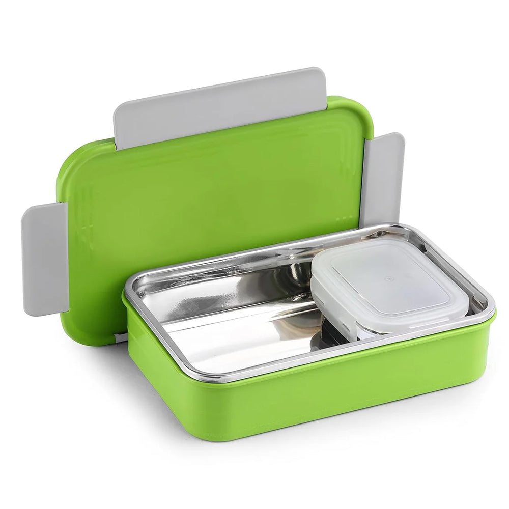Oliveware Lunch Boxes for School Kids Girls Boys with Clip Lock|Air Tight Spill Proof|Food Grade Bpa Free Container for Childrens (Rectangle | Green)