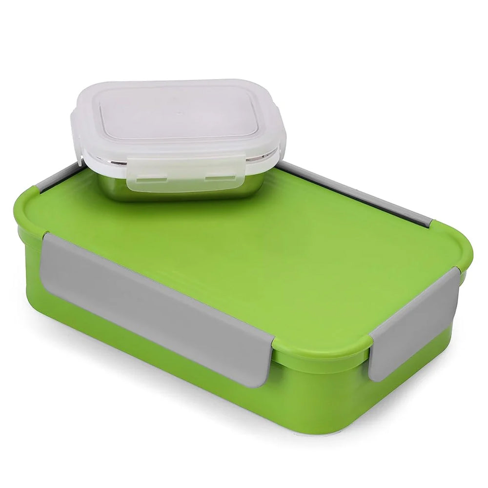 Oliveware Lunch Boxes for School Kids Girls Boys with Clip Lock|Air Tight Spill Proof|Food Grade Bpa Free Container for Childrens (Rectangle | Green)