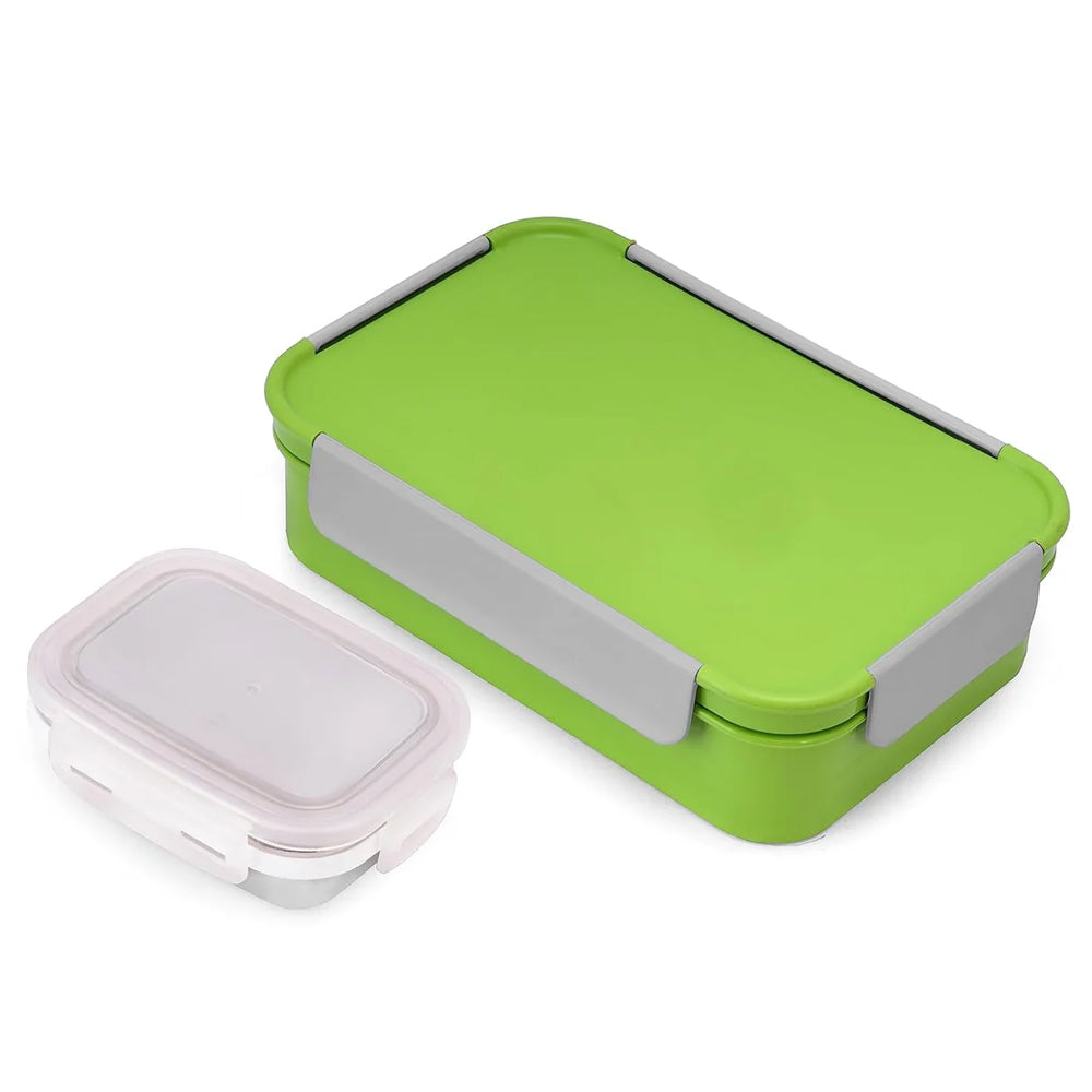 Oliveware Lunch Boxes for School Kids Girls Boys with Clip Lock|Air Tight Spill Proof|Food Grade Bpa Free Container for Childrens (Rectangle | Green)