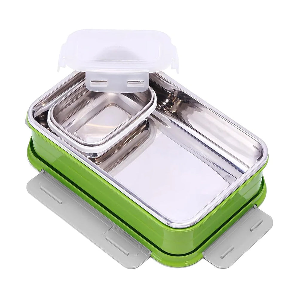 Oliveware Lunch Boxes for School Kids Girls Boys with Clip Lock|Air Tight Spill Proof|Food Grade Bpa Free Container for Childrens (Rectangle | Green)