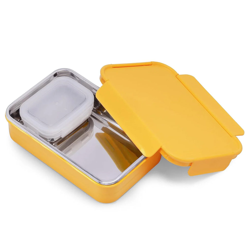 Oliveware Lunch Boxes for School Kids Girls Boys with Clip Lock|Air Tight Spill Proof|Food Grade Bpa Free Container for Childrens (Rectangle | Yellow)