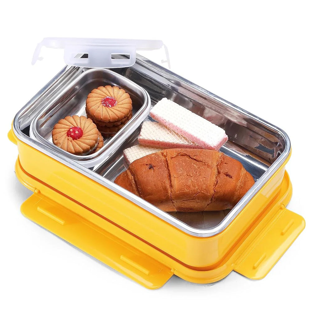 Oliveware Lunch Boxes for School Kids Girls Boys with Clip Lock|Air Tight Spill Proof|Food Grade Bpa Free Container for Childrens (Rectangle | Yellow)