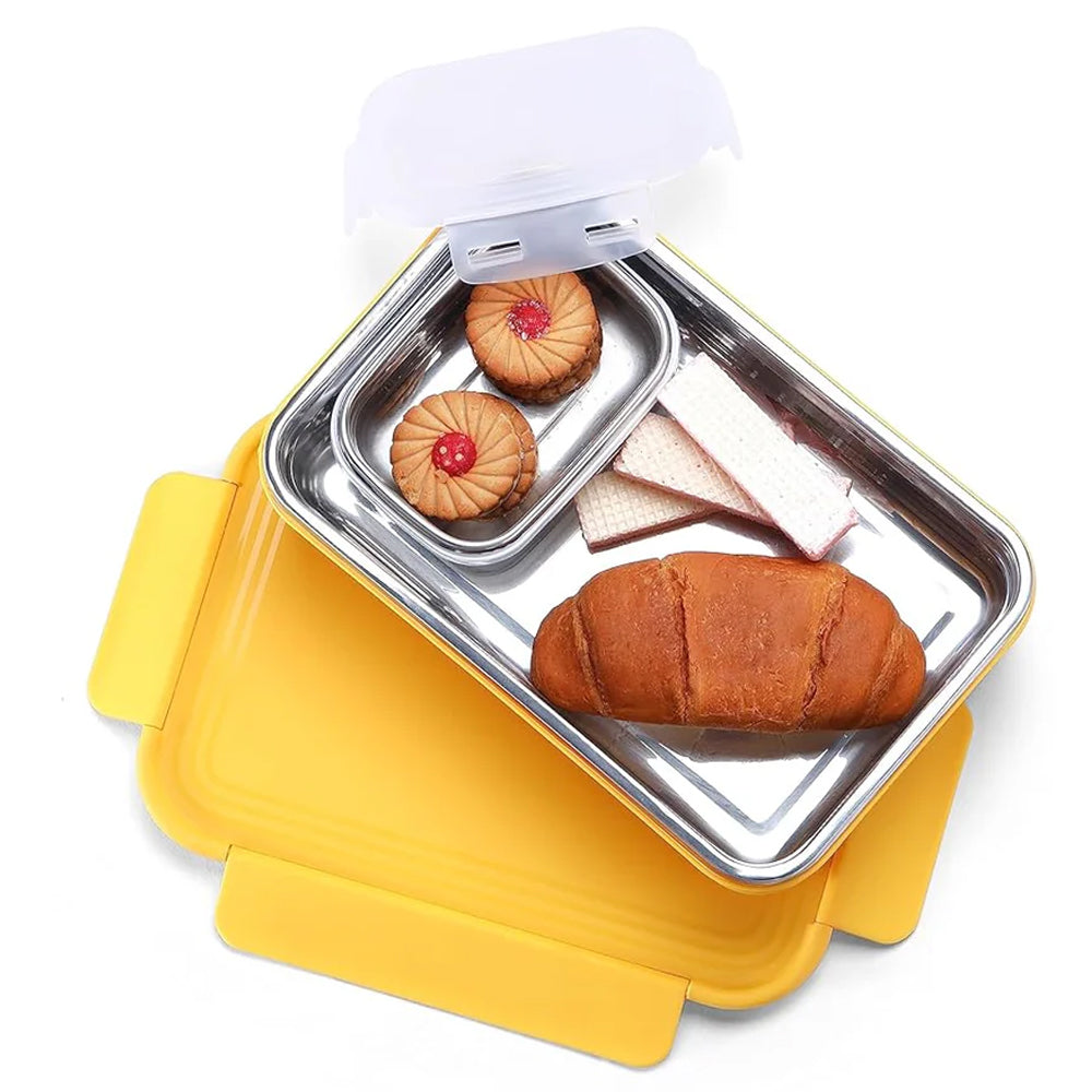 Oliveware Lunch Boxes for School Kids Girls Boys with Clip Lock|Air Tight Spill Proof|Food Grade Bpa Free Container for Childrens (Rectangle | Yellow)