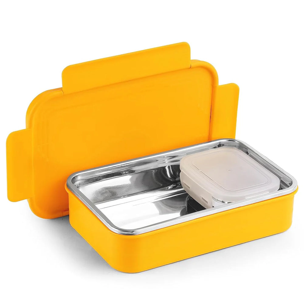 Oliveware Lunch Boxes for School Kids Girls Boys with Clip Lock|Air Tight Spill Proof|Food Grade Bpa Free Container for Childrens (Rectangle | Yellow)