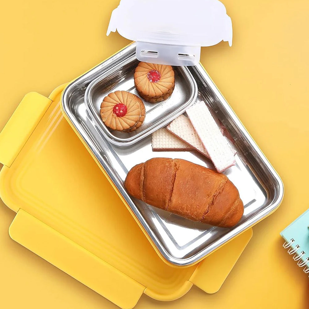 Oliveware Lunch Boxes for School Kids Girls Boys with Clip Lock|Air Tight Spill Proof|Food Grade Bpa Free Container for Childrens (Rectangle | Yellow)