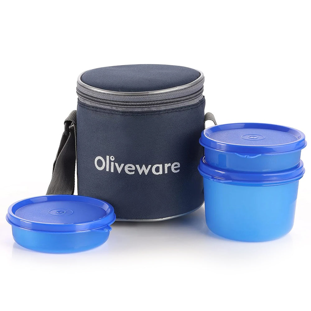 oliveware Lovely Little Plastic Lunch Box, Microwave Safe & Leak Proof, Food Grade BPA Free 3 Containers (290ml, 290ml, 600ml), Fabric Bag - Blue