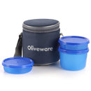 oliveware Lovely Little Plastic Lunch Box, Microwave Safe & Leak Proof, Food Grade BPA Free 3 Containers (290ml, 290ml, 600ml), Fabric Bag - Blue