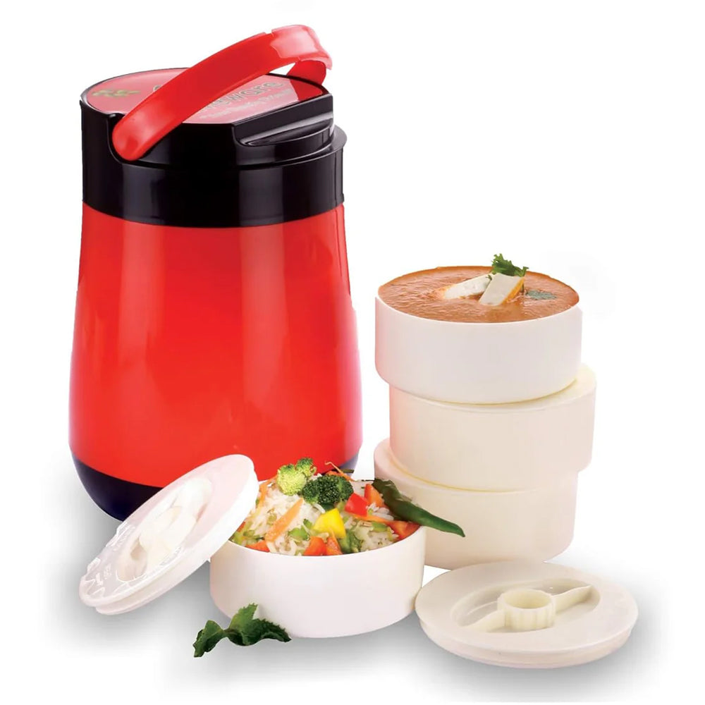 Oliveware Jumbo Lunch Box - 4 Containers | Full Set Office Use | Insulated Body | Leak Proof | Full Meal & Easy to Carry - Red