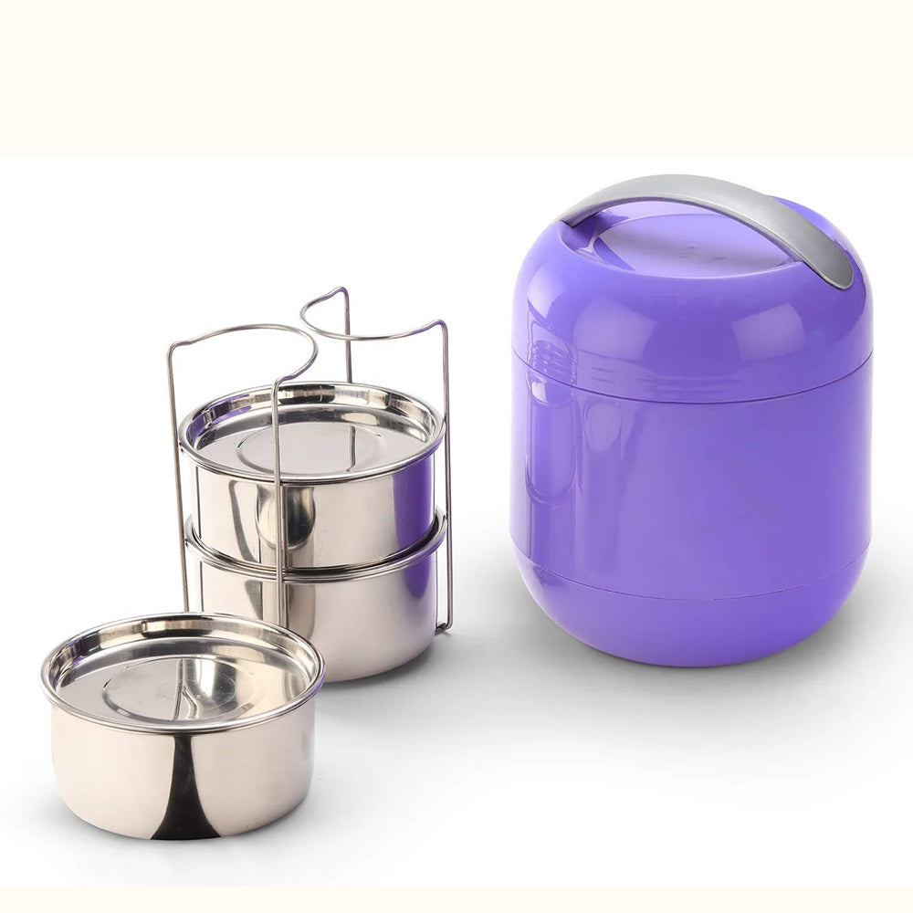 oliveware Bella Lunch Box, 3 Stainless Steel Containers 300ml Each, Insulated Body with Carry Handle, Leak Proof, Complete Meal Hot Case (Violet)