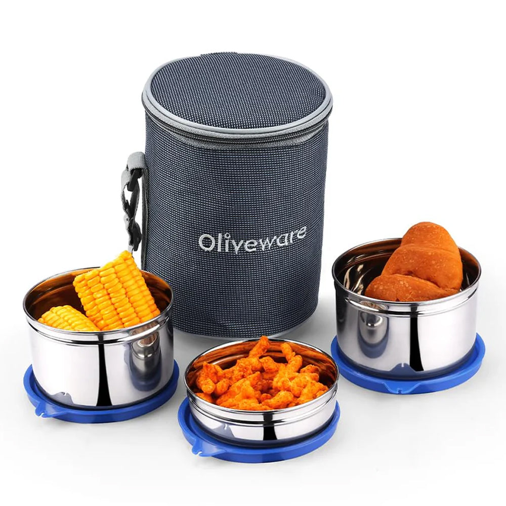 oliveware Angelic Lunch Box, Leak Proof, 3 Stainless Steel Containers with BPA Free Airtight Lid (450ml, 450ml & 250ml), Insulated Fabric Bag - Blue