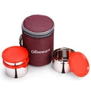 oliveware Angelic Lunch Box, Leak Proof, 3 Stainless Steel Containers with BPA Free Airtight Lid (450ml, 450ml & 250ml), Insulated Fabric Bag - Maroon