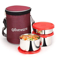 oliveware Angelic Lunch Box with Insulated Fabric Bag, Leak Proof 3 Steel Containers (2 * 450 ml, 1 * 300 ml) - Red