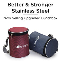 oliveware Angelic Lunch Box with Insulated Fabric Bag, Leak Proof 3 Steel Containers (2 * 450 ml, 1 * 300 ml) - Red