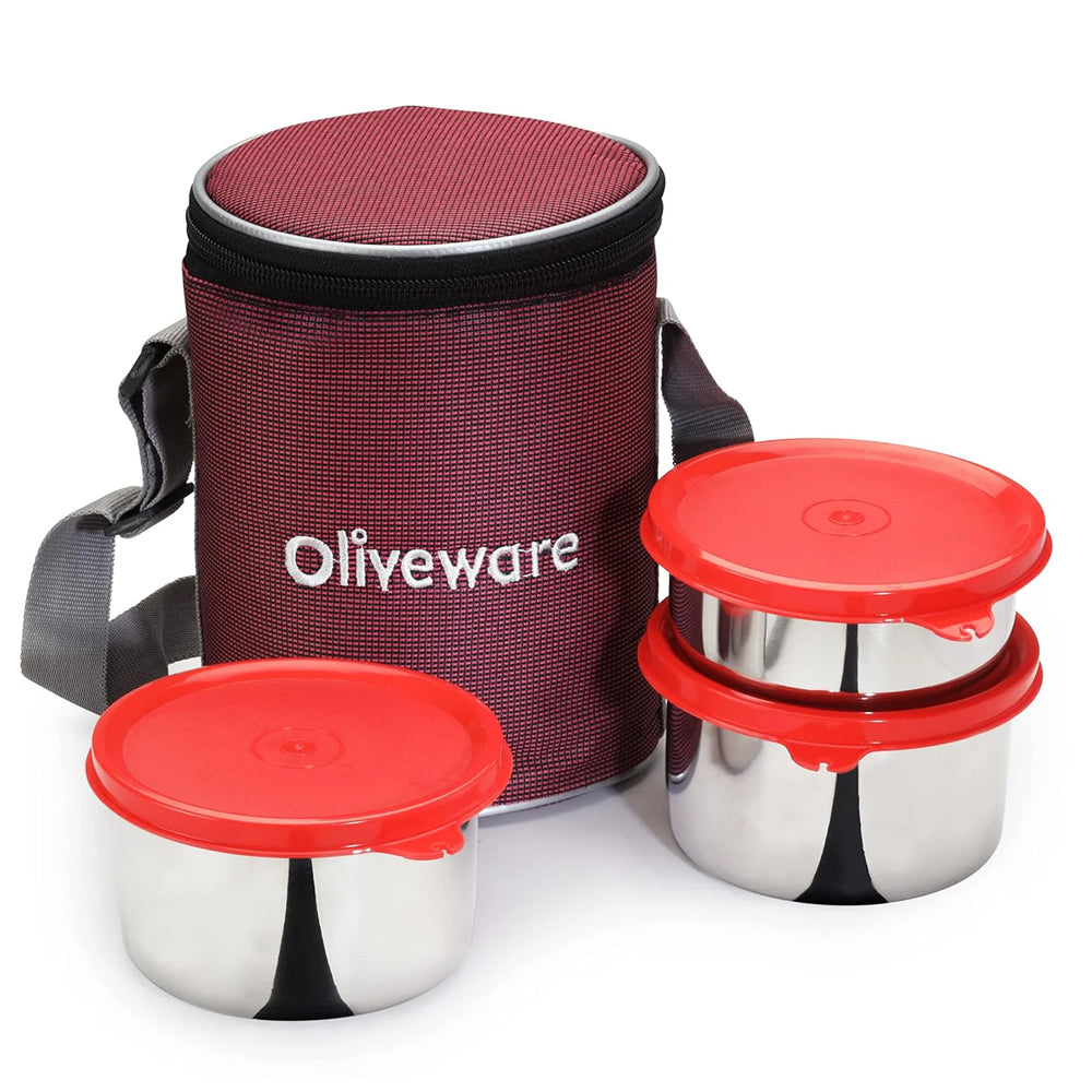 oliveware Angelic Lunch Box with Insulated Fabric Bag, Leak Proof 3 Steel Containers (2 * 450 ml, 1 * 300 ml) - Red