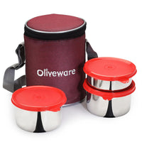 oliveware Angelic Lunch Box with Insulated Fabric Bag, Leak Proof 3 Steel Containers (2 * 450 ml, 1 * 300 ml) - Red