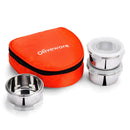 oliveware Freshy Lunch Box, Leak Proof, 3 Stainless Steel Containers with BPA Free Lid (300ml) Each, Fabric Bag - Orange
