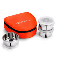 oliveware Freshy Lunch Box, Leak Proof, 3 Stainless Steel Containers with BPA Free Lid (300ml) Each, Fabric Bag - Orange