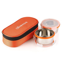 oliveware Crunch Lunch Box, 2 Stainless Steel Containers (300 ml), Leak Proof with BPA Free Air Tight Lids, Fabric Jacket - Orange