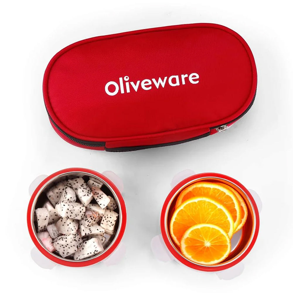 oliveware Crunch Lunch Box, 2 Stainless Steel Containers (300 ml), Leak Proof with BPA Free Air Tight Lids, Fabric Jacket - Red