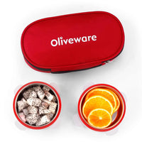 oliveware Crunch Lunch Box, 2 Stainless Steel Containers (300 ml), Leak Proof with BPA Free Air Tight Lids, Fabric Jacket - Red