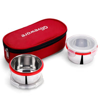 oliveware Crunch Lunch Box, 2 Stainless Steel Containers (300 ml), Leak Proof with BPA Free Air Tight Lids, Fabric Jacket - Red