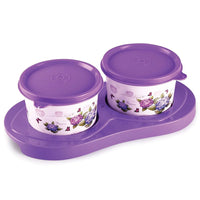 oliveware Breeze Floral Print Serving Container & Tray With Airtight Lid, BPA Free, 2 Containers (500ml) each, For Snacks & Dry Fruits - Voilet