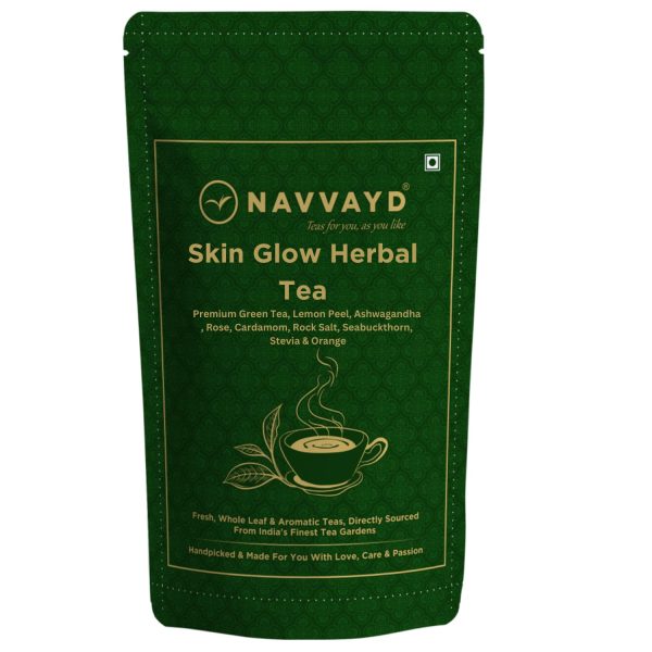 Navvayd Skin Glow Herbal Tea (100 Gm, 50 Cups) | With Natural Ashwagandha, Seabuckthorn & Stevia | Loose Leaf - Enjoy Hot or Cold