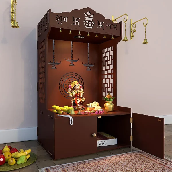 timeless-wooden-Pooja-Mandir-for-home-with-spacious-shelf-inbuilt-focus-light-brown - Image 2