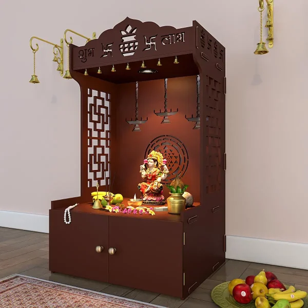 timeless-wooden-Pooja-Mandir-for-home-with-spacious-shelf-inbuilt-focus-light-brown - Image 3