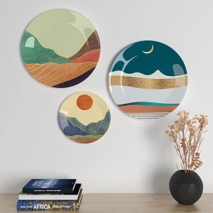 Set of 3 Ceramic Wall Plates With Modern Art Scenery Design, Wall Hanging