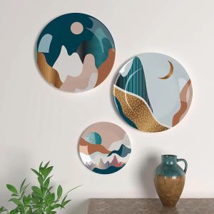 Set of 3 Ceramic Wall Plates With Modern Art Design Round Shape, Wall Hanging