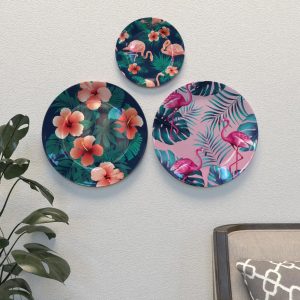Set of 3 Decorative Ceramic Wall Plates Flamingos Art Pattern Design, Wall Hanging