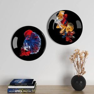 Ceramic Wall Plates With Colorful Fish Art Round Shape, Wall Hanging - Set of 2