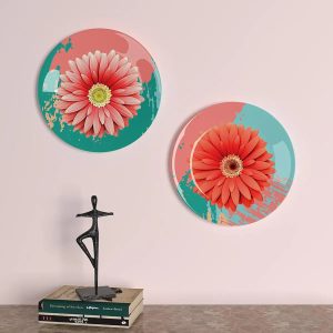 Set of 2 Decorative Wall Plates With Daisy Flower Art Ceramic Plate, Wall Hanging