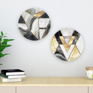Set of 2 Luxury Finish Ceramic Wall Plates With Marble Texture Geometric Art, Wall Hanging