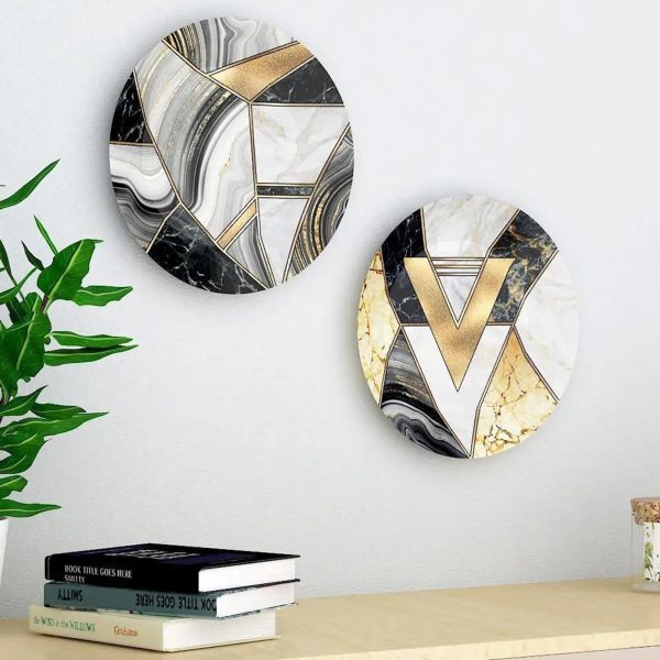 Set of 2 Luxury Finish Ceramic Wall Plates With Marble Texture Geometric Art, Wall Hanging - Image 2