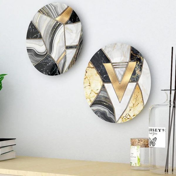 Set of 2 Luxury Finish Ceramic Wall Plates With Marble Texture Geometric Art, Wall Hanging - Image 3