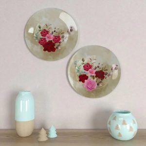 Ceramic Wall Plates With Beautiful Rose Flowers Art Design Round Shape, Wall Hanging - Set of 2