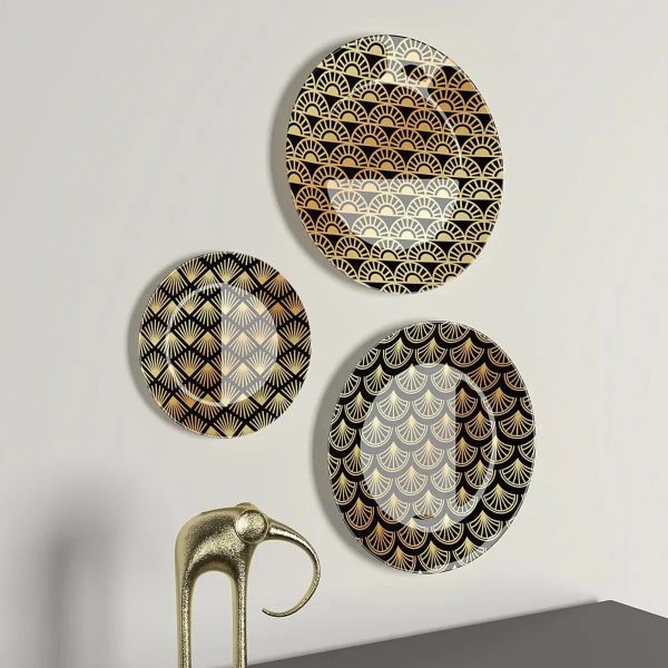 Ceramic Wall Plates with Beautiful Gold Art Deco Pattern Wall Hanging Plate Set of 3 - Image 2