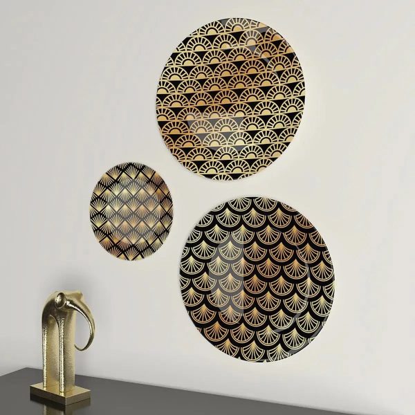 Ceramic Wall Plates with Beautiful Gold Art Deco Pattern Wall Hanging Plate Set of 3 - Image 3